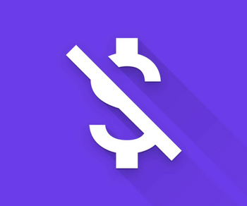 Ícone de dinheiro riscado em fundo roxo, simbolizando descontos ou promoções em pagamentos.