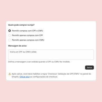 Tela de configuração da Jataí em Shopify para validação de CPF e CNPJ em compras.
