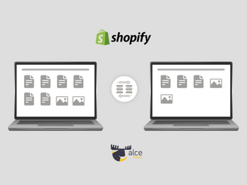 Ilustração mostrando a migração de dados entre duas lojas online do Shopify.